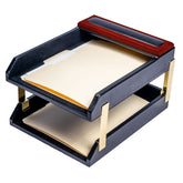 Mahogany (Rosewood) & Black Leather Double Letter Tray Stacking Set, Gold